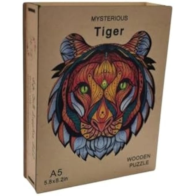 WOODEN JIGSAW PUZZLES, 3D WOODEN ANIMALS SHAPED PUZZLES, BEST GIFT FOR ADULTS AND KIDS DIY PUZZLE PIECE, COLORFUL UNIQUE SHAPED TIGER PUZZLES A5-5.8 X 8.2 IN - Image 1